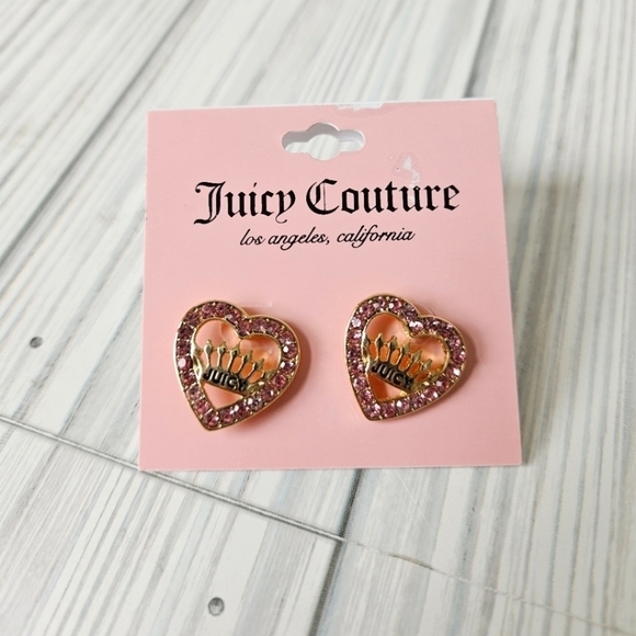 Juicy Couture Crowned Hearts Rhinestone Earrings in Pink and Gold NWT - Picture 1 of 7